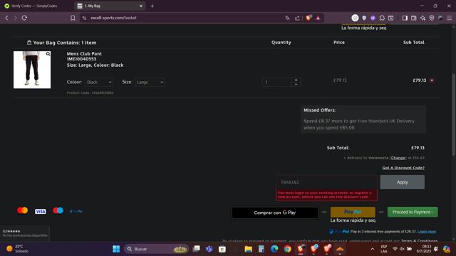 Excell Sports checkout page showing Excell Sports discount code box | Screenshot taken by SimplyCodes community member on Jul 9, 2025
