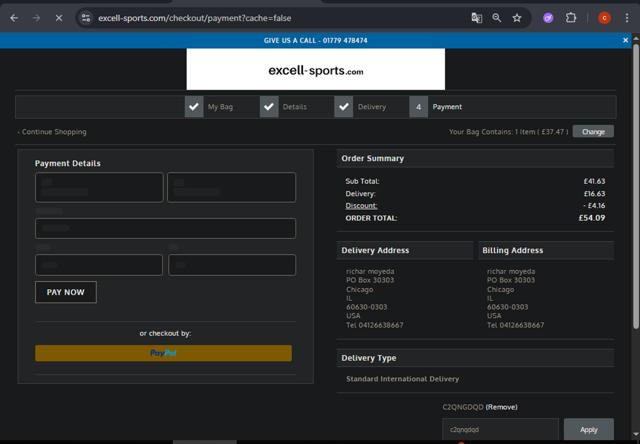 Excell Sports checkout page showing Excell Sports discount code box | Screenshot taken by SimplyCodes community member on Aug 6, 2025