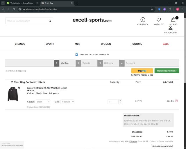 Excell Sports checkout page showing Excell Sports discount code box | Screenshot taken by SimplyCodes community member on Aug 29, 2025