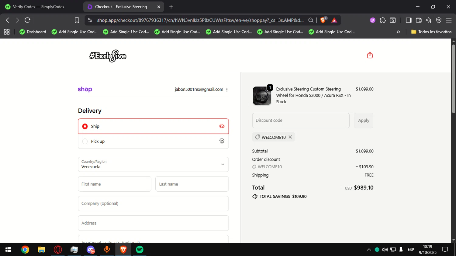 Exclusive Steering promo code screenshot showing code WELCOME10 applied at Exclusive Steering checkout page. Uploaded by SimplyCodes community member Ultrapapu on Oct 9, 2025