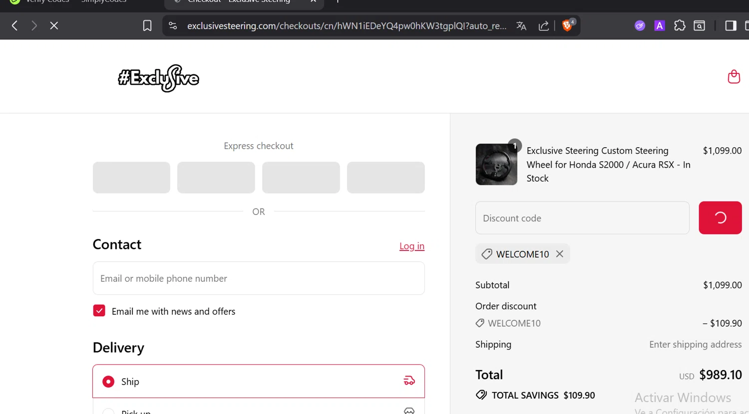 Exclusive Steering promo code screenshot showing code WELCOME10 applied at Exclusive Steering checkout page. Uploaded by SimplyCodes community member DiaCritics on Aug 12, 2025