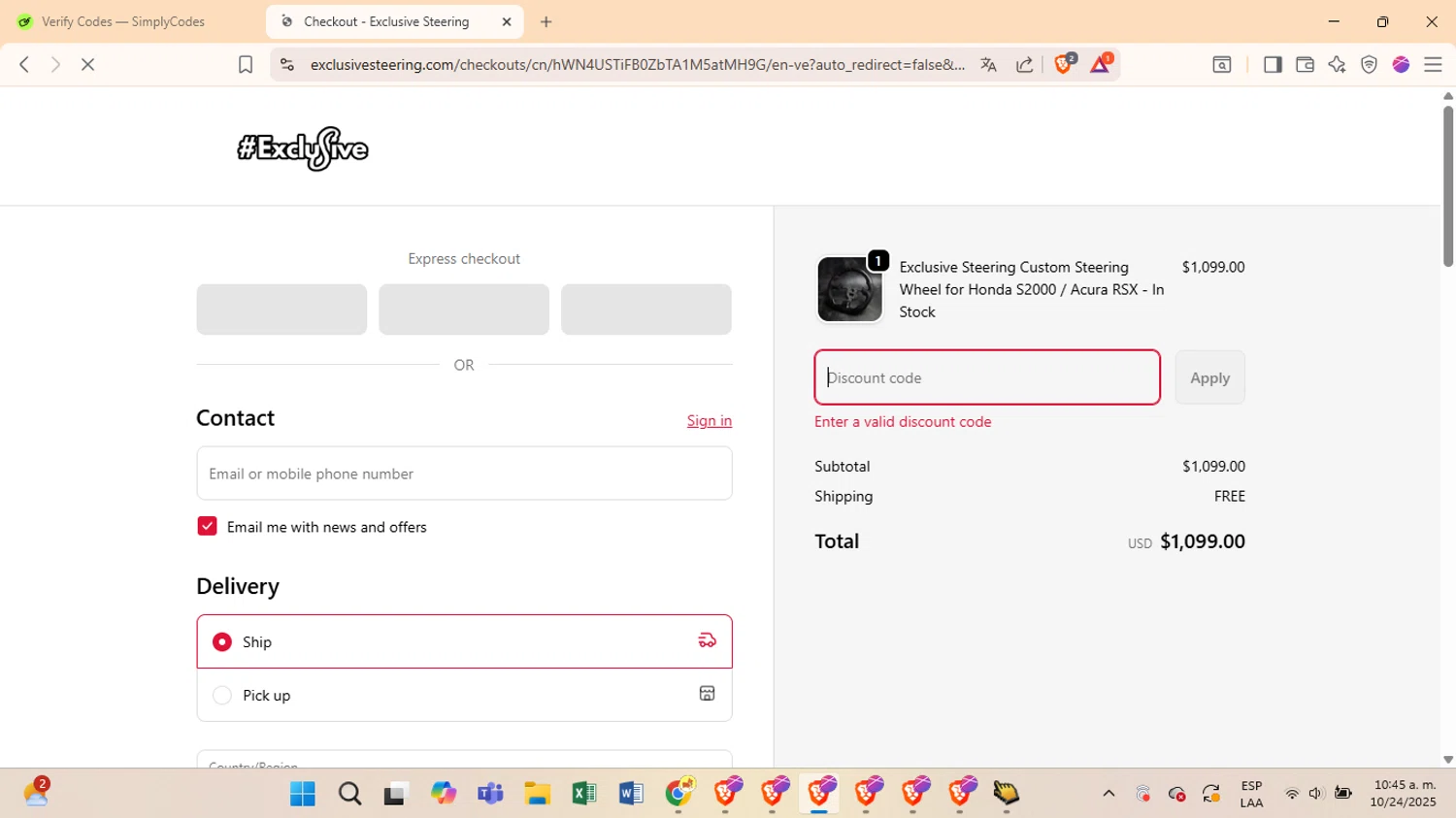 Exclusive Steering promo code screenshot showing code SEPT10 applied at Exclusive Steering checkout page. Uploaded by SimplyCodes community member LuckyMonarch673 on Oct 24, 2025