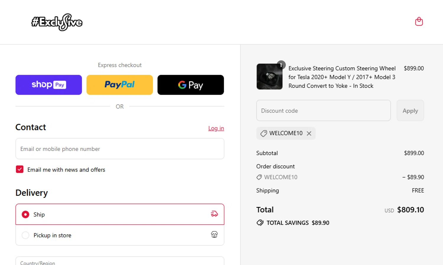 Exclusive Steering promo code screenshot showing code WELCOME10 applied at Exclusive Steering checkout page. Uploaded by SimplyCodes community member salemigajera on Jul 14, 2025