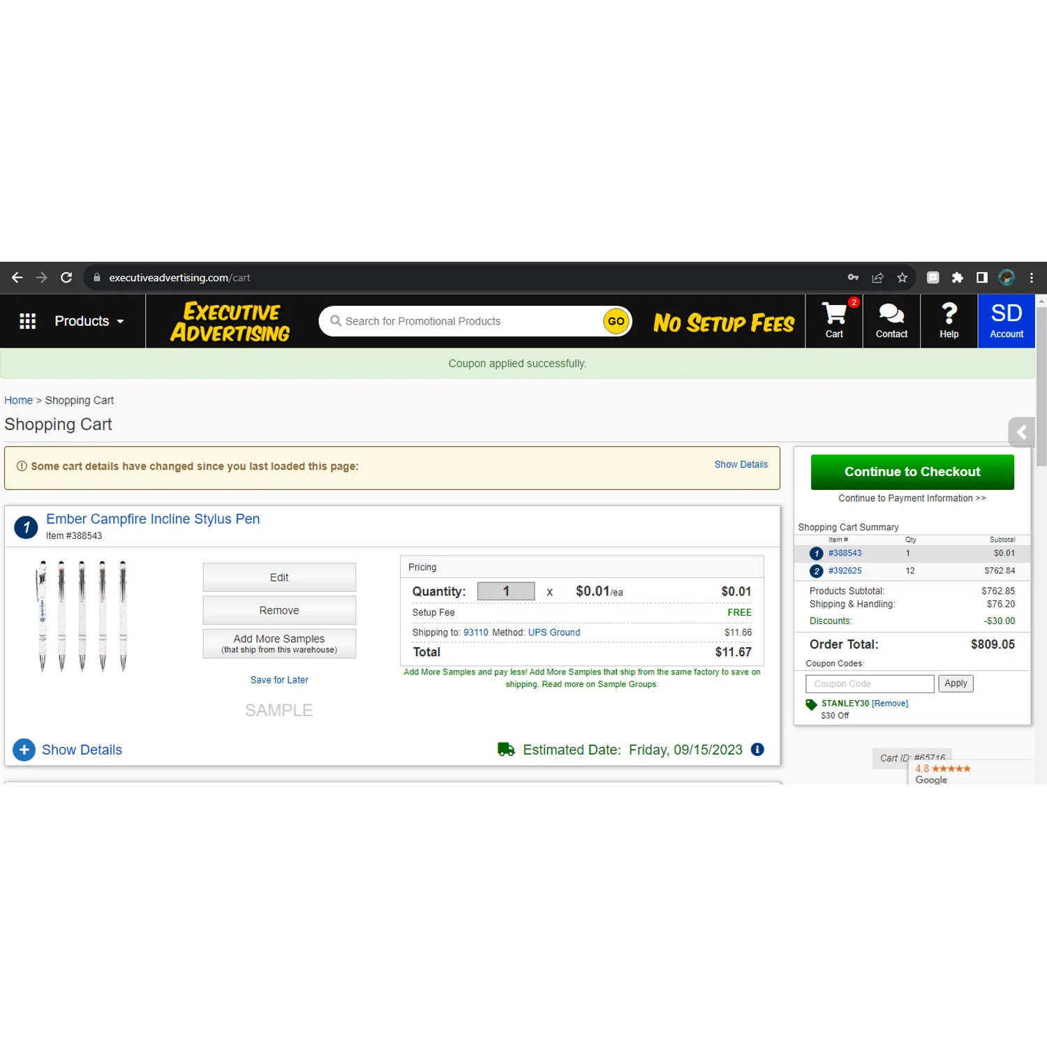 Executive Advertising checkout page showing Executive Advertising coupon code box | Screenshot taken by SimplyCodes community member on Sep 6, 2023
