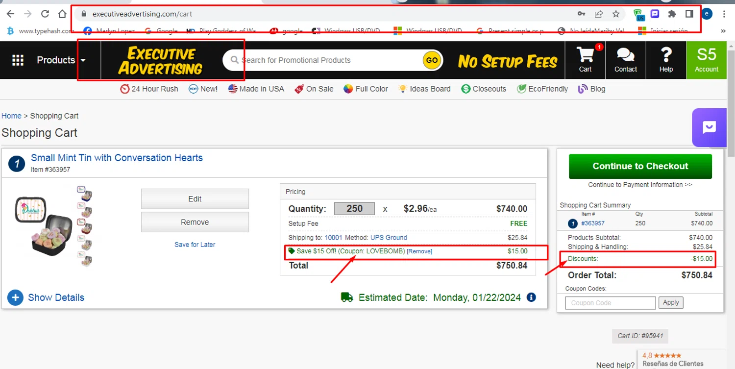Executive Advertising checkout page showing Executive Advertising coupon code box | Screenshot taken by SimplyCodes community member on Jan 9, 2024