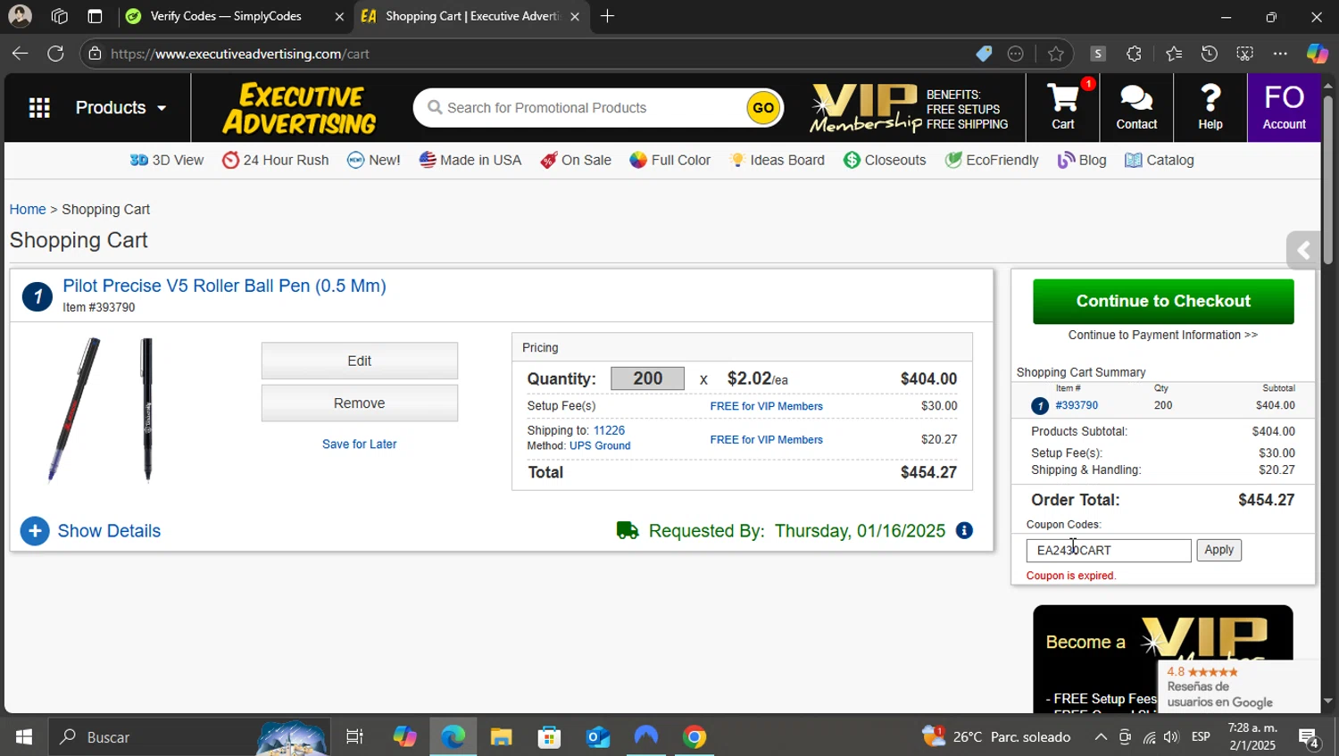 Executive Advertising coupon code screenshot showing code EA2430CART applied at Executive Advertising checkout page. Uploaded by SimplyCodes community member WonderKnight7884 on Jan 2, 2025
