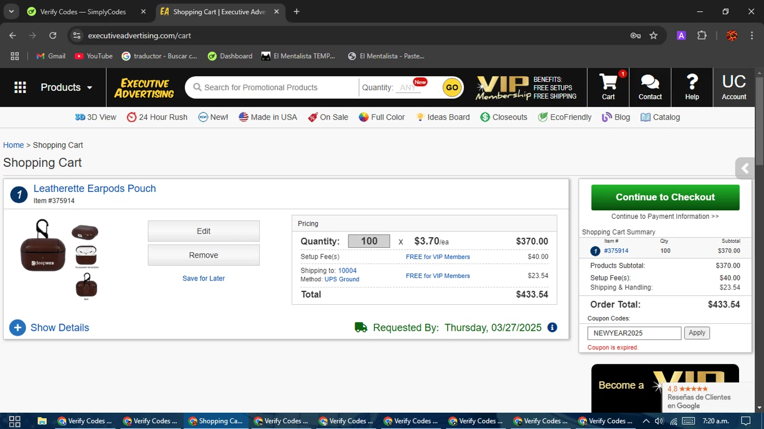 Executive Advertising coupon code screenshot showing code NEWYEAR2025 applied at Executive Advertising checkout page. Uploaded by SimplyCodes community member Rodolfo on Mar 2, 2025