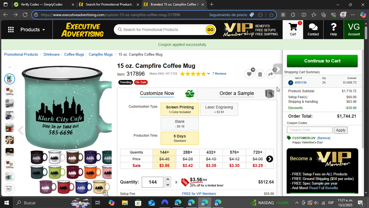 Executive Advertising checkout page showing Executive Advertising coupon code box | Screenshot taken by SimplyCodes community member on Feb 13, 2025