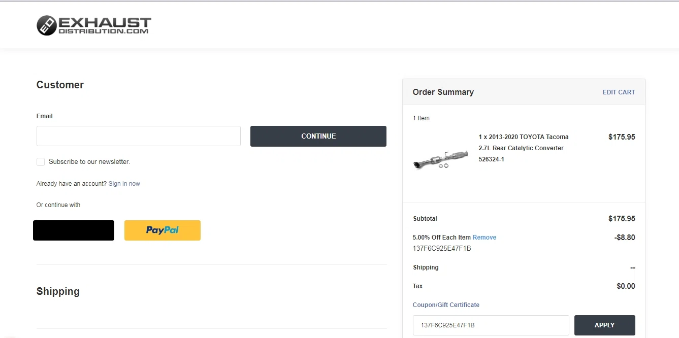Exhaust Distribution checkout page showing Exhaust Distribution promo code box | Screenshot taken by SimplyCodes community member on Apr 13, 2023