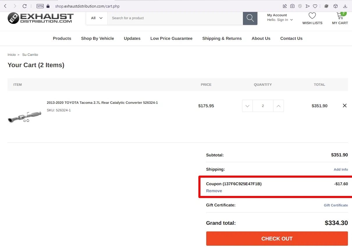 Exhaust Distribution checkout page showing Exhaust Distribution promo code box | Screenshot taken by SimplyCodes community member on Oct 21, 2022