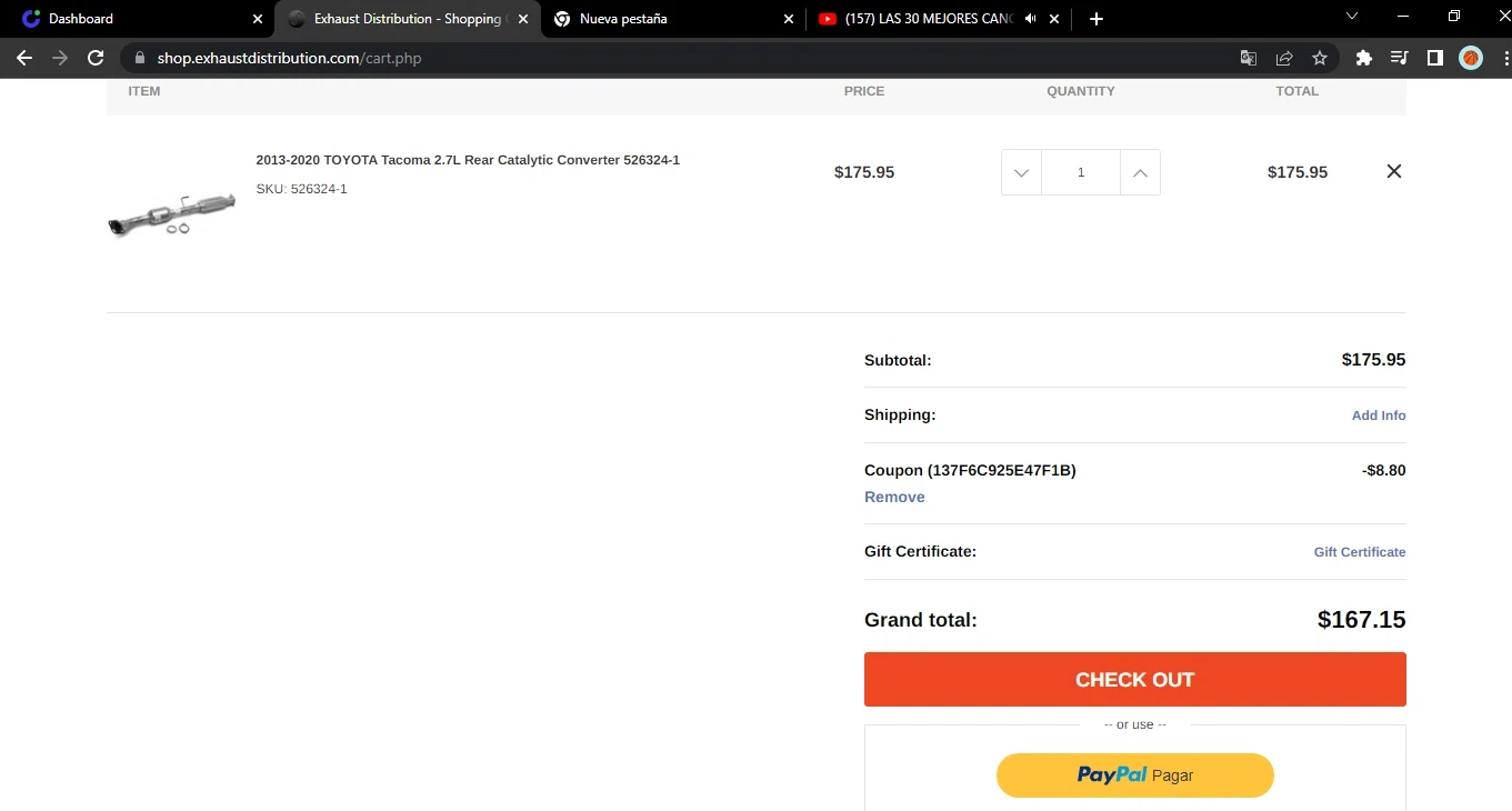 Exhaust Distribution checkout page showing Exhaust Distribution promo code box | Screenshot taken by SimplyCodes community member on Jan 16, 2023