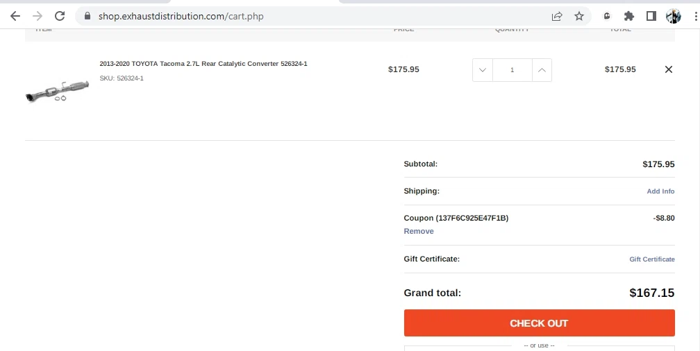 Exhaust Distribution checkout page showing Exhaust Distribution promo code box | Screenshot taken by SimplyCodes community member on Mar 15, 2023