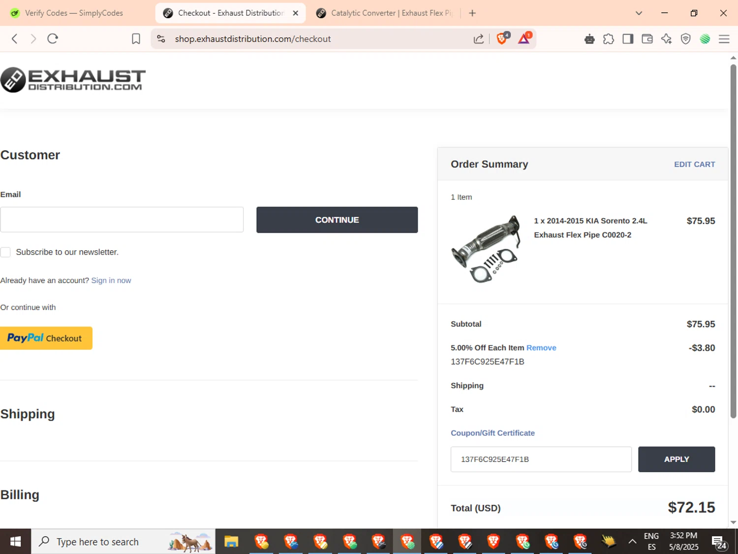 Exhaust Distribution promo code screenshot showing code 137F6C925E47F1B applied at Exhaust Distribution checkout page. Uploaded by SimplyCodes community member SwiftMaverick5973 on May 8, 2025