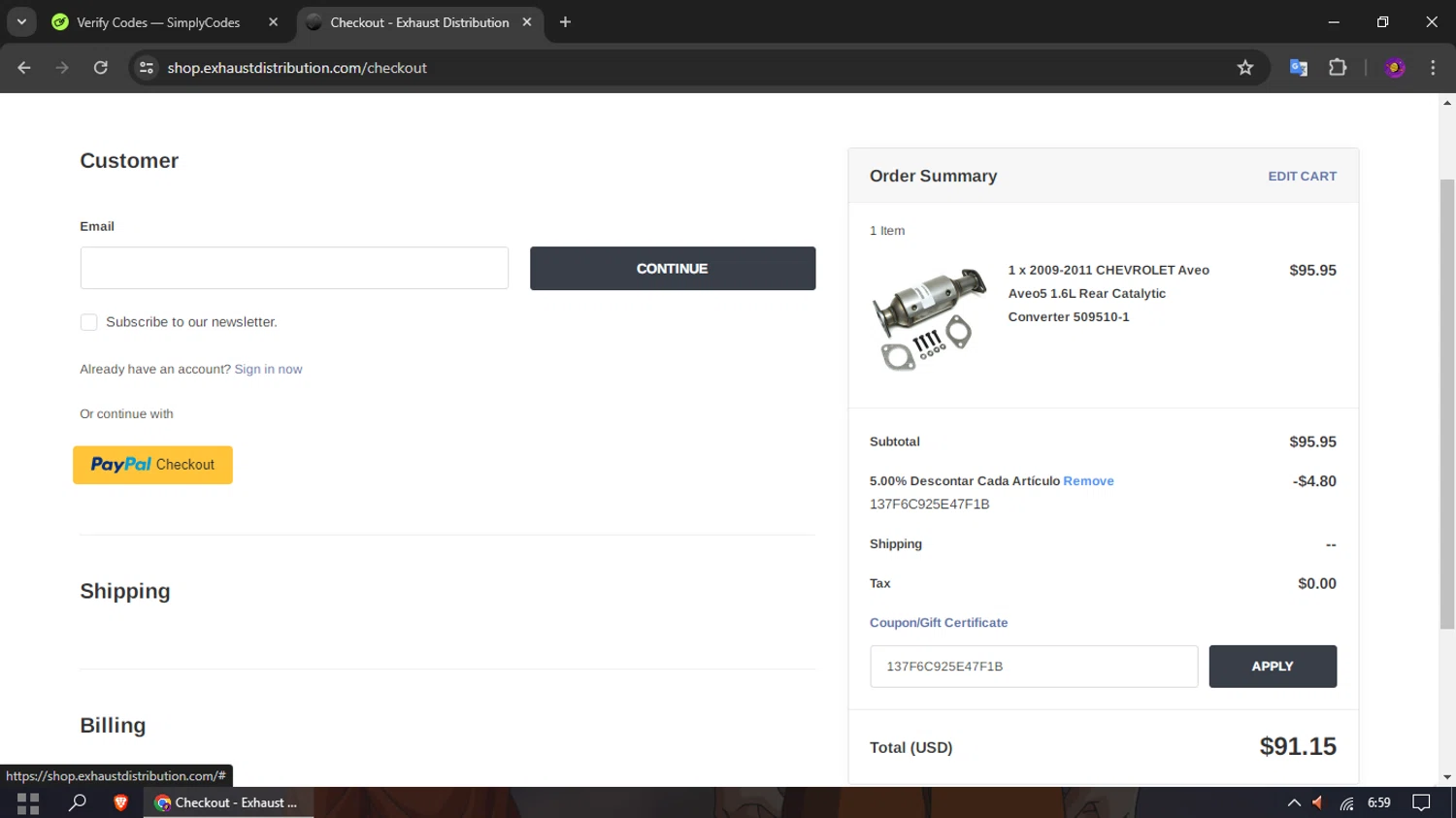 Exhaust Distribution checkout page showing Exhaust Distribution promo code box | Screenshot taken by SimplyCodes community member on May 17, 2024