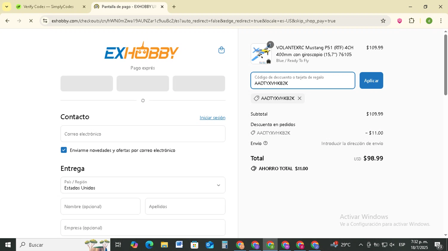 EXHOBBY discount code screenshot showing code AADTYXVHK82K applied at EXHOBBY checkout page. Uploaded by SimplyCodes community member SavingsSentinel833 on Jul 18, 2025