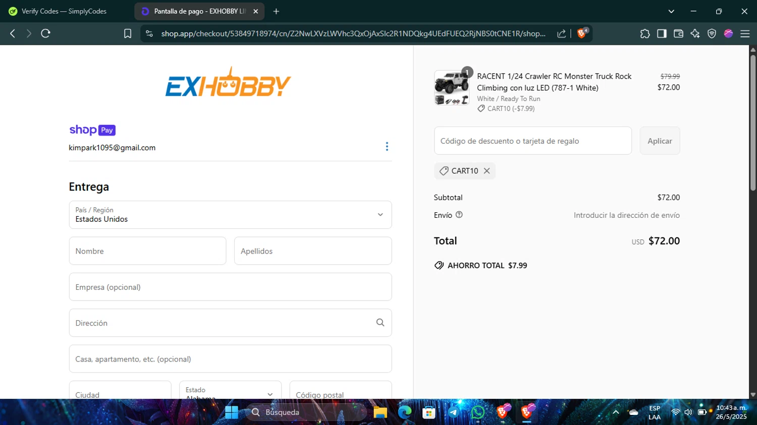 EXHOBBY discount code screenshot showing code CART10 applied at EXHOBBY checkout page. Uploaded by SimplyCodes community member Guacamole_Picante on May 26, 2025