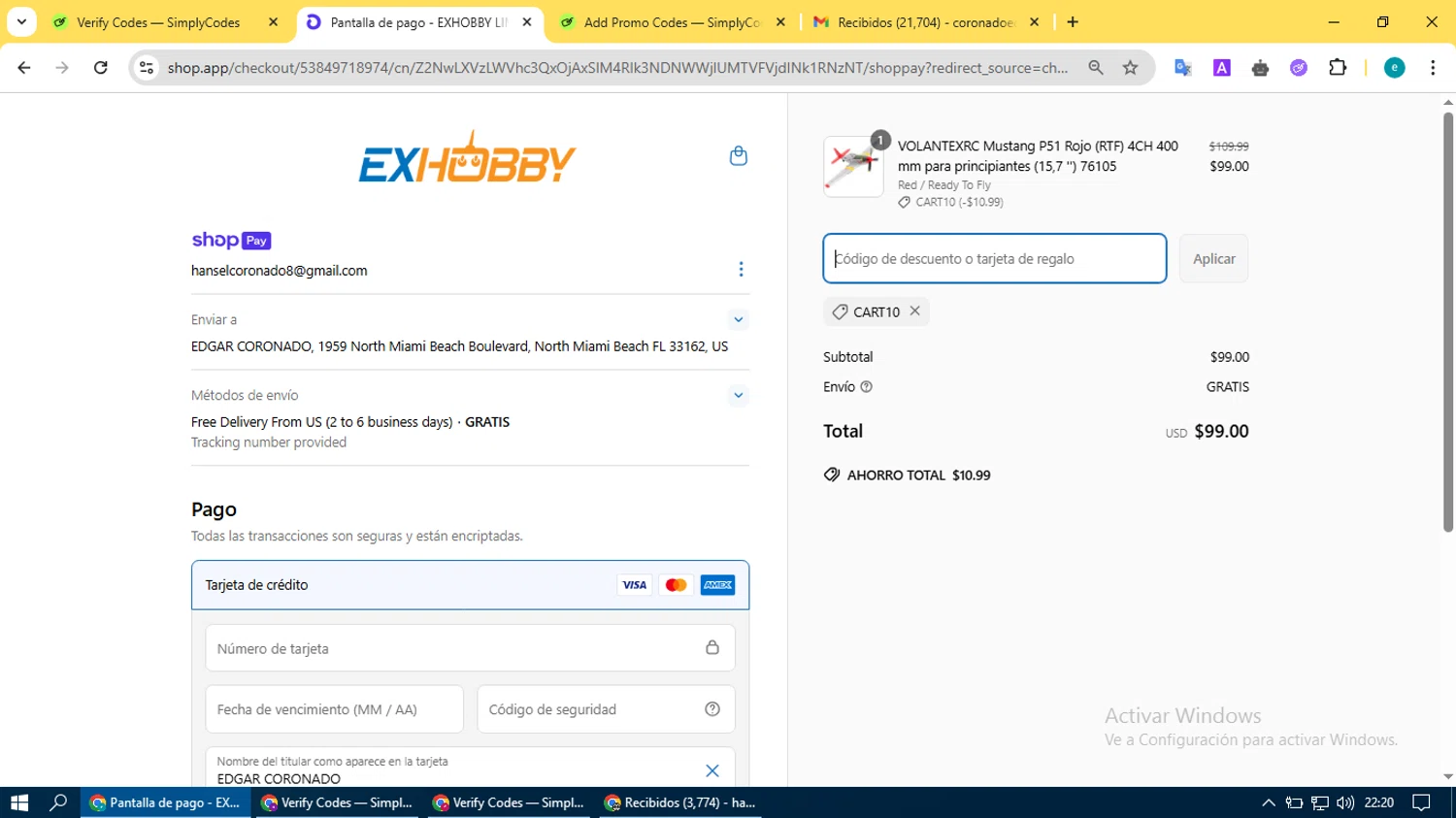 EXHOBBY discount code screenshot showing code CART10 applied at EXHOBBY checkout page. Uploaded by SimplyCodes community member BonusVoyager4214 on Apr 20, 2025
