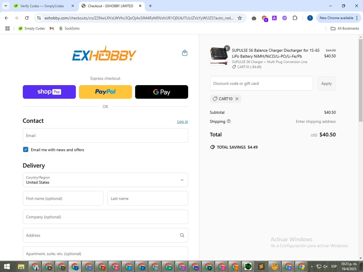 EXHOBBY discount code screenshot showing code CART10 applied at EXHOBBY checkout page. Uploaded by SimplyCodes community member NobleAce3835 on Apr 20, 2025