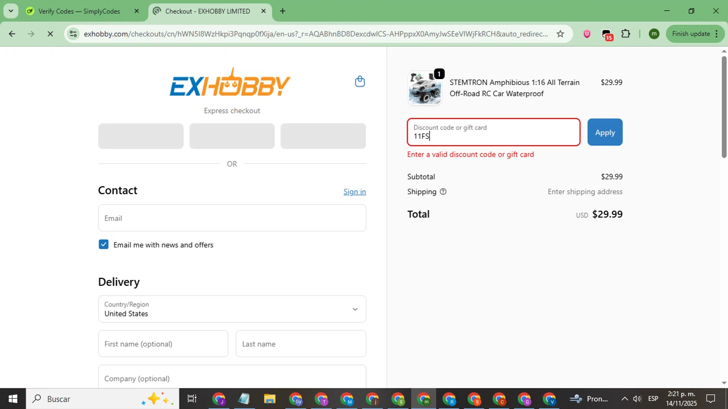 EXHOBBY discount code screenshot showing code 11FS applied at EXHOBBY checkout page. Uploaded by SimplyCodes community member CoinSage7057 on Nov 14, 2025