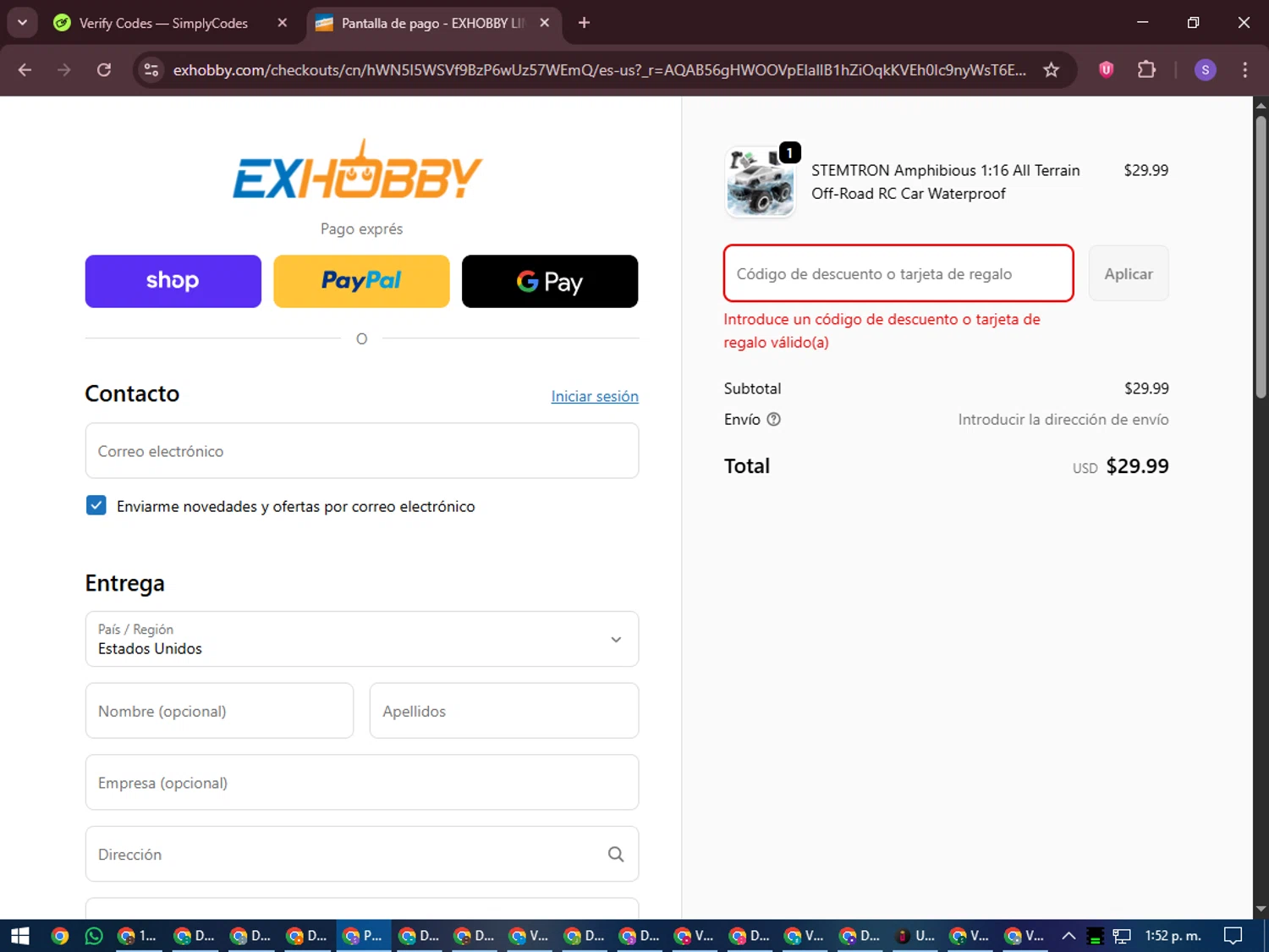 EXHOBBY discount code screenshot showing code 11FS applied at EXHOBBY checkout page. Uploaded by SimplyCodes community member LuckyVoyager688 on Nov 14, 2025