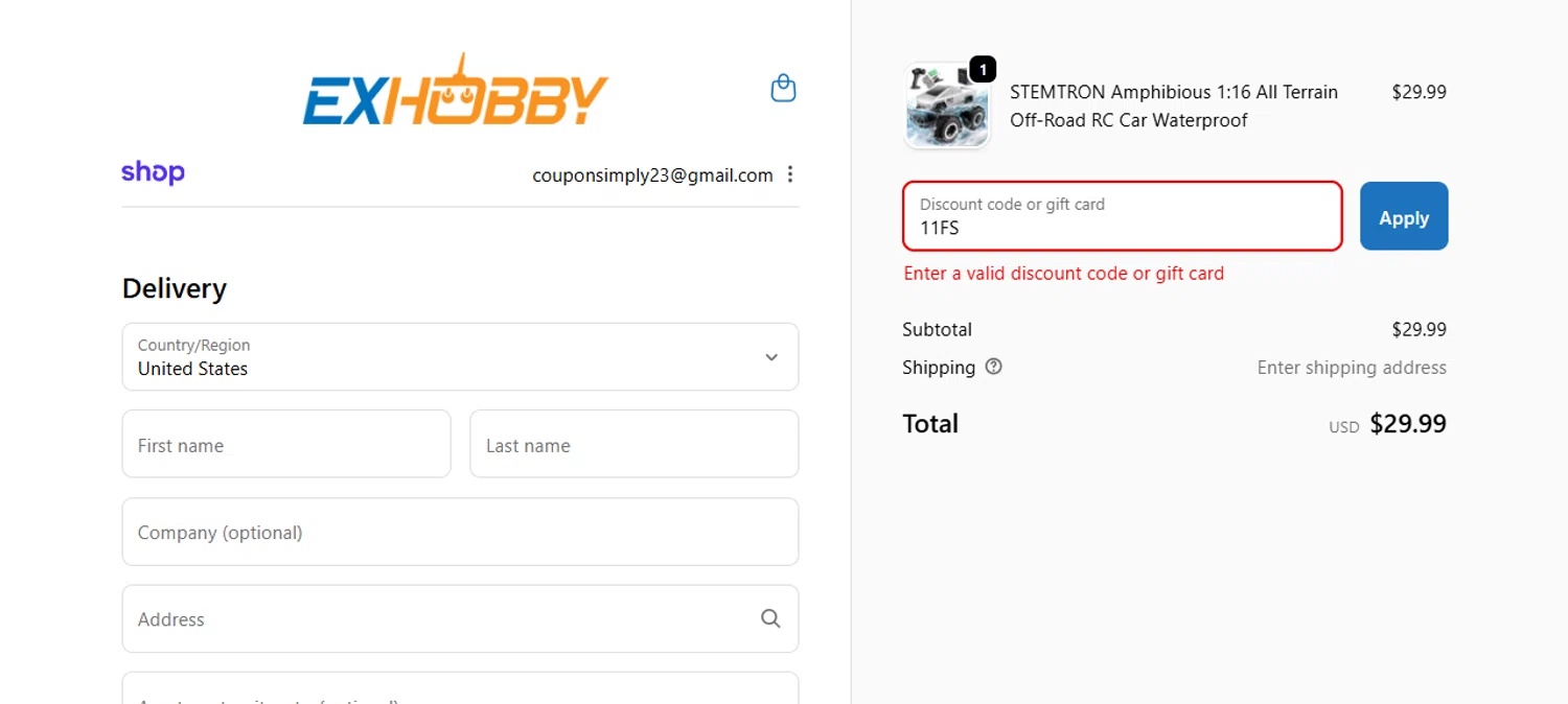 EXHOBBY discount code screenshot showing code 11FS applied at EXHOBBY checkout page. Uploaded by SimplyCodes community member TomaTuYukota on Nov 14, 2025