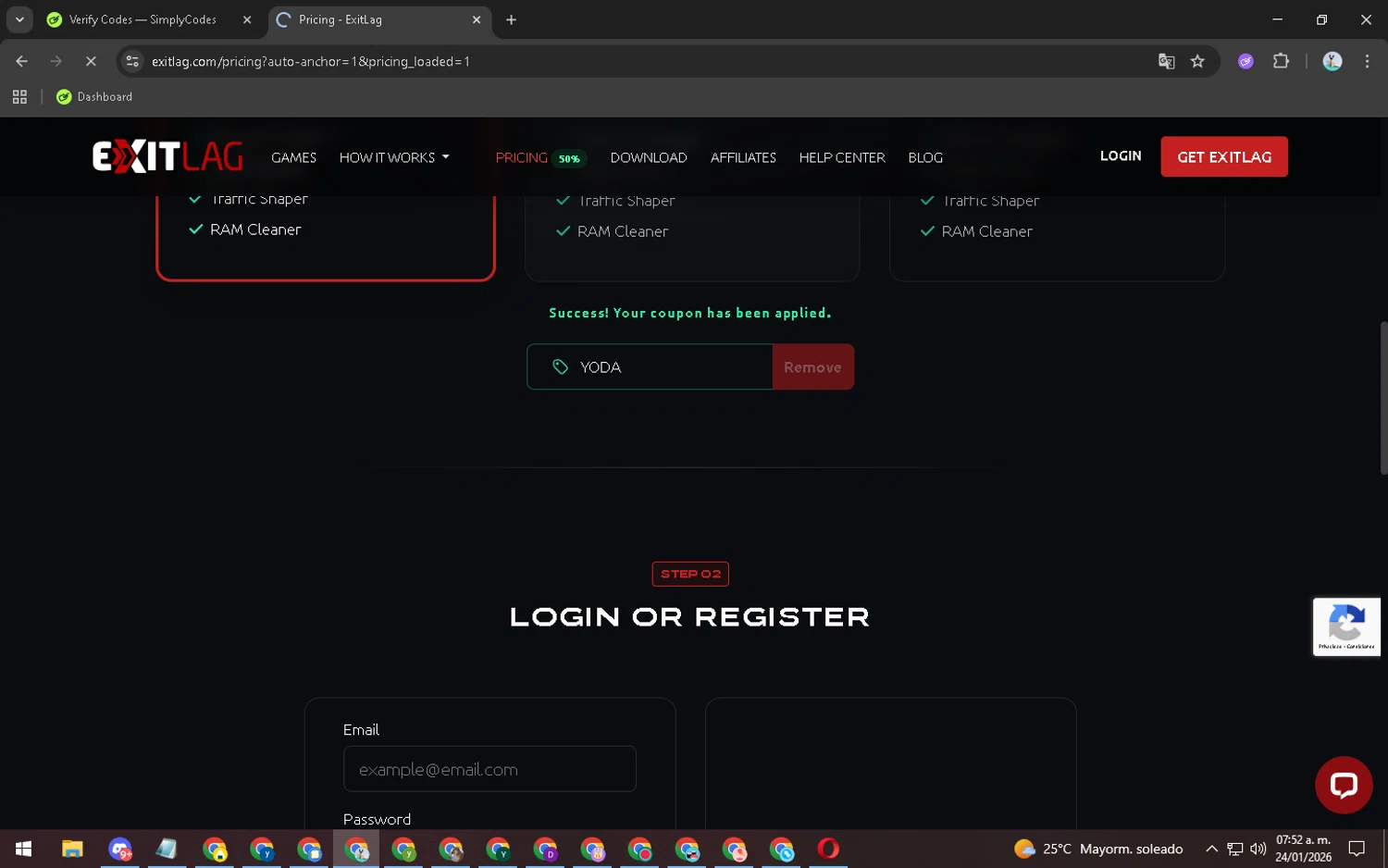 ExitLag checkout page showing ExitLag discount code box | Screenshot taken by SimplyCodes community member on Jan 24, 2026