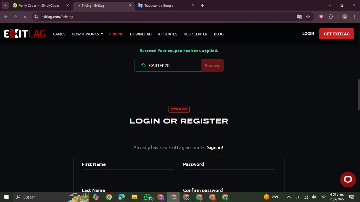 ExitLag discount code screenshot showing code CARTER2K applied at ExitLag checkout page. Uploaded by SimplyCodes community member BrilliantTracker4207 on Sep 25, 2025