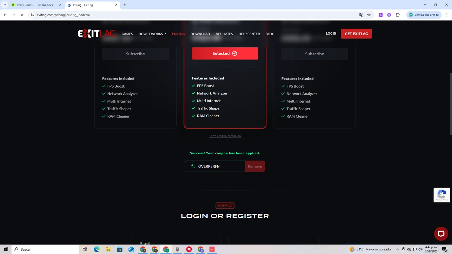 ExitLag discount code screenshot showing code OVERPERFN applied at ExitLag checkout page. Uploaded by SimplyCodes community member CoinCollector8010 on Sep 20, 2025