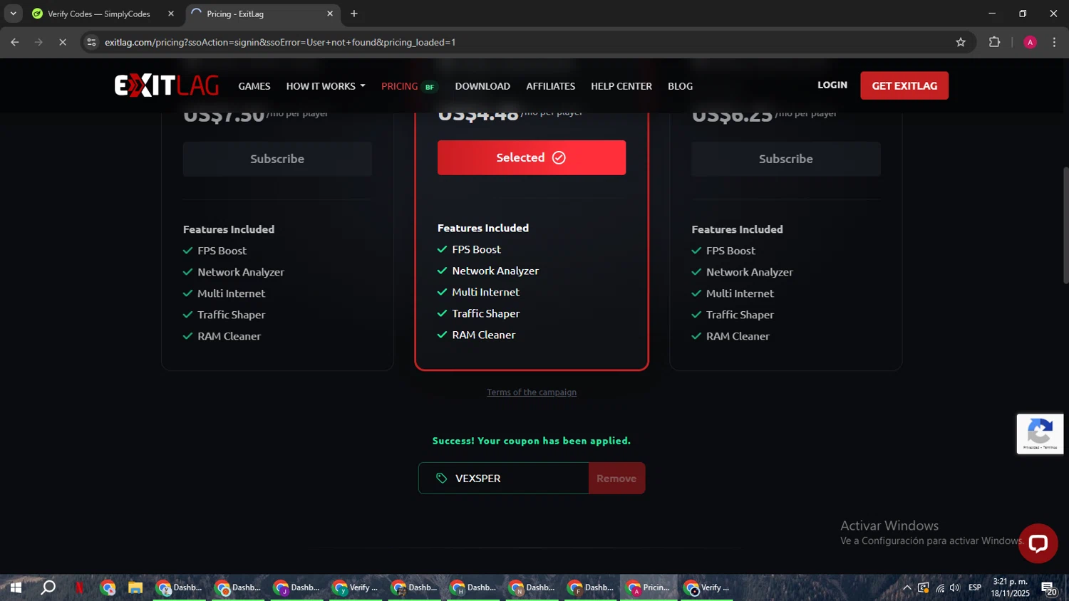 ExitLag discount code screenshot showing code VEXSPER applied at ExitLag checkout page. Uploaded by SimplyCodes community member BMWGS1200 on Nov 18, 2025
