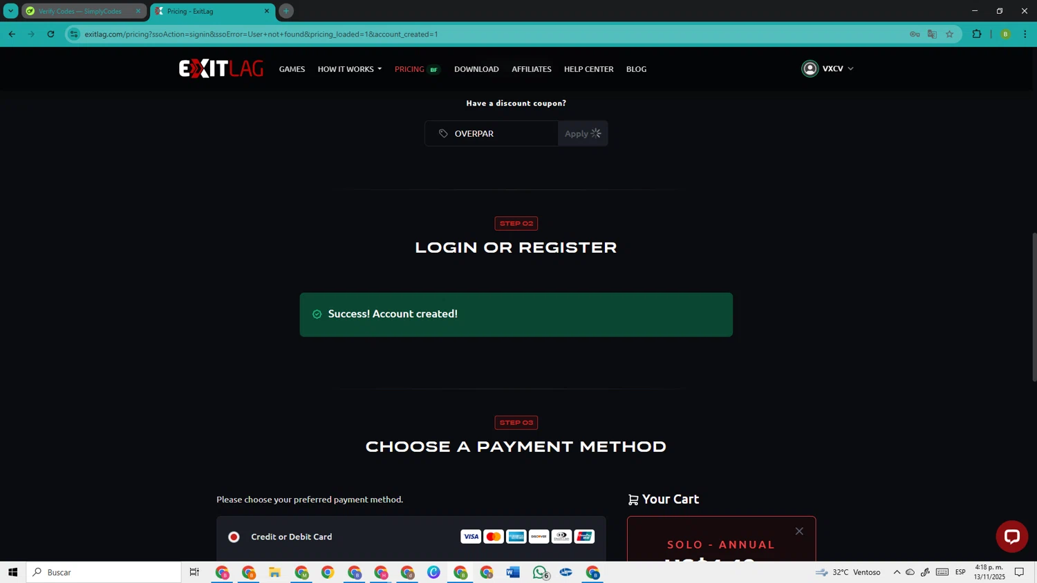 ExitLag discount code screenshot showing code OVERPAR applied at ExitLag checkout page. Uploaded by SimplyCodes community member TokenOwl8222 on Nov 13, 2025