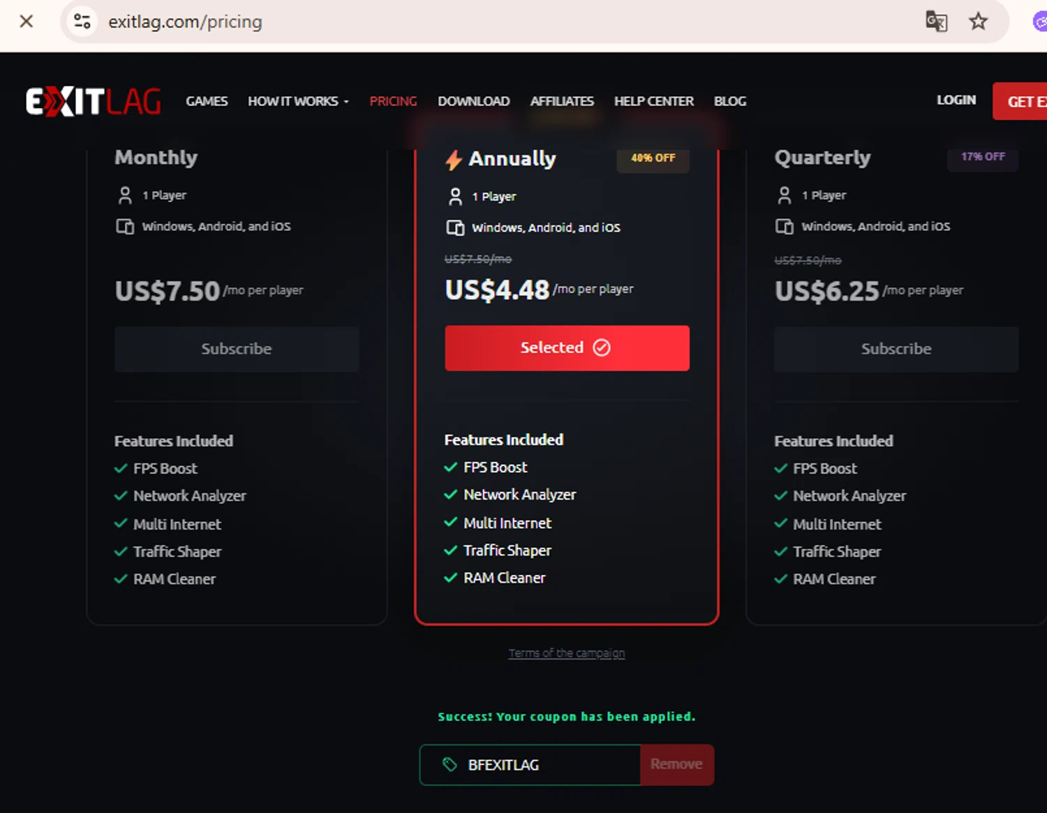 ExitLag discount code screenshot showing code BFEXITLAG applied at ExitLag checkout page. Uploaded by SimplyCodes community member BudgetLion5814 on Sep 21, 2025