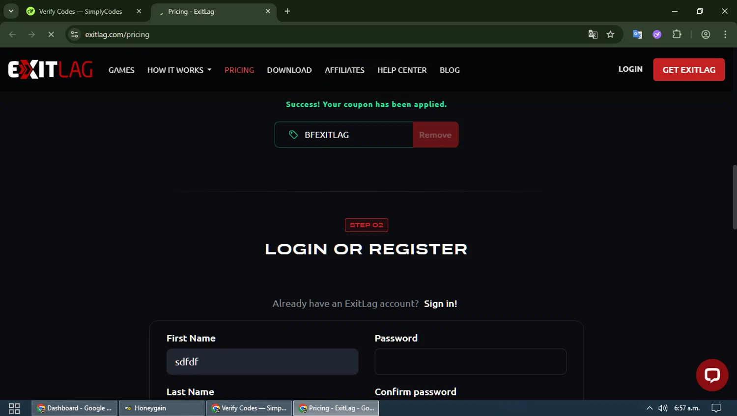 ExitLag discount code screenshot showing code BFEXITLAG applied at ExitLag checkout page. Uploaded by SimplyCodes community member MagnificentWizard8353 on Oct 20, 2025