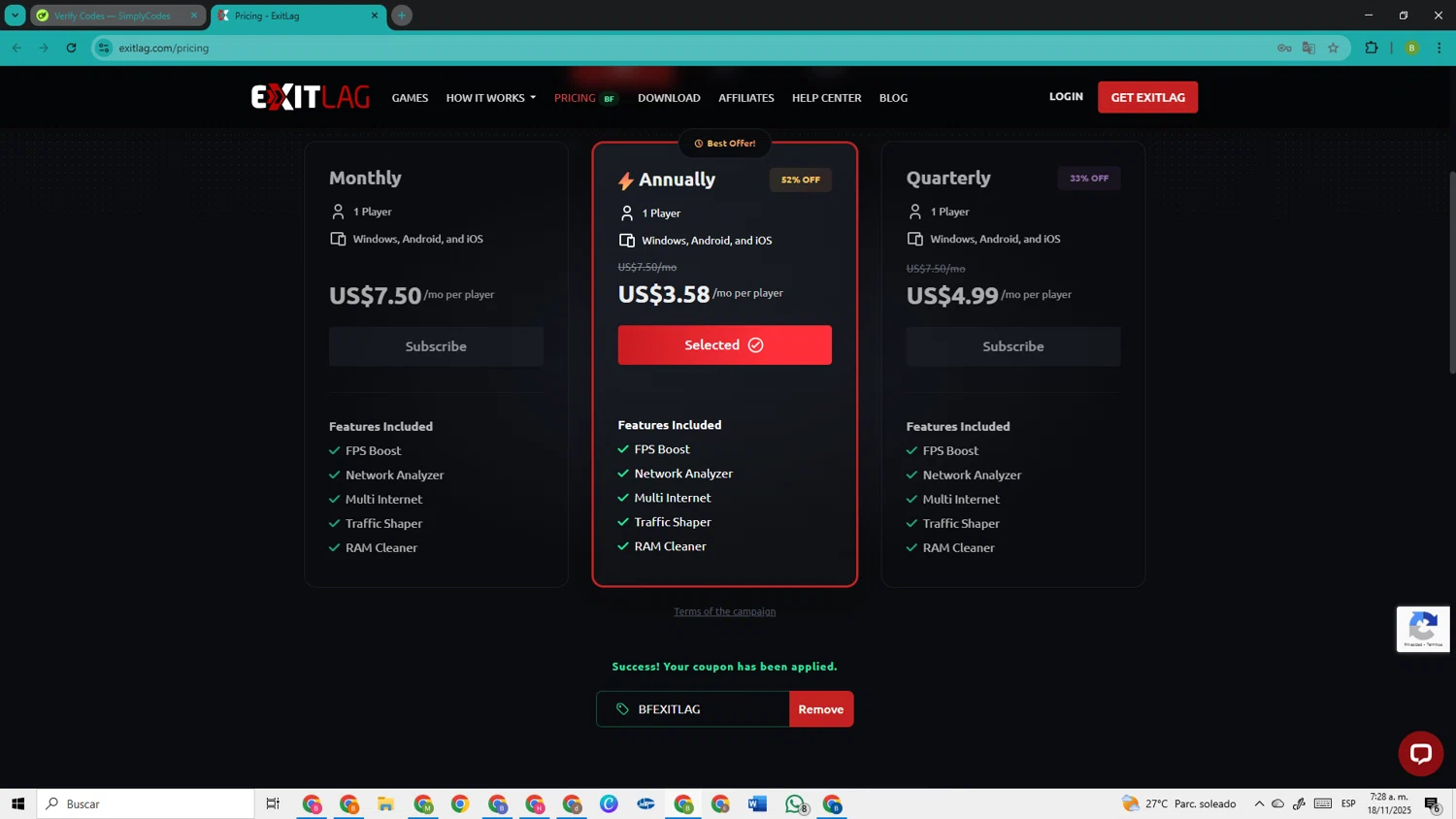 ExitLag discount code screenshot showing code BFEXITLAG applied at ExitLag checkout page. Uploaded by SimplyCodes community member TokenOwl8222 on Nov 18, 2025