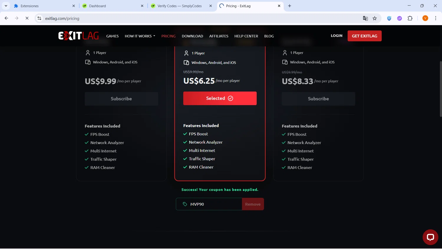 ExitLag promo code screenshot showing code MVP90 applied at ExitLag checkout page. Uploaded by SimplyCodes community member BrilliantLion4485 on Feb 13, 2026