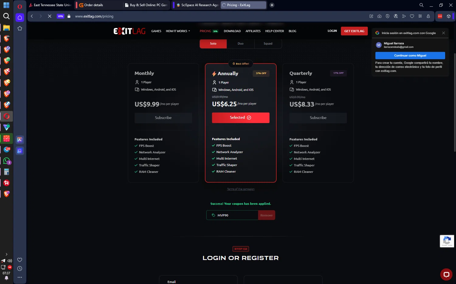 ExitLag promo code screenshot showing code MVP90 applied at ExitLag checkout page. Uploaded by SimplyCodes community member ilarrazaM6 on Dec 17, 2025