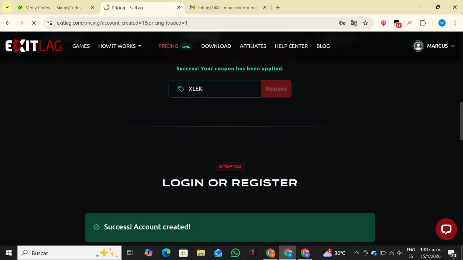 ExitLag promo code screenshot showing code XLEK applied at ExitLag checkout page. Uploaded by SimplyCodes community member LegendaryAce4371 on Jan 15, 2026