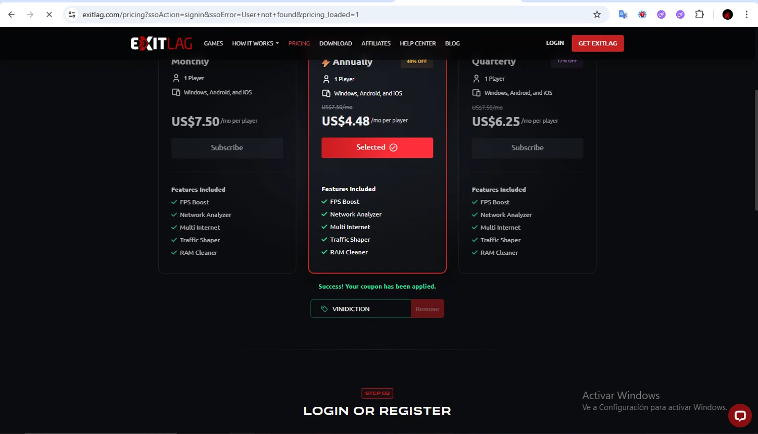 ExitLag promo code screenshot showing code VINIDICTION applied at ExitLag checkout page. Uploaded by SimplyCodes community member Francisco01 on Feb 13, 2026