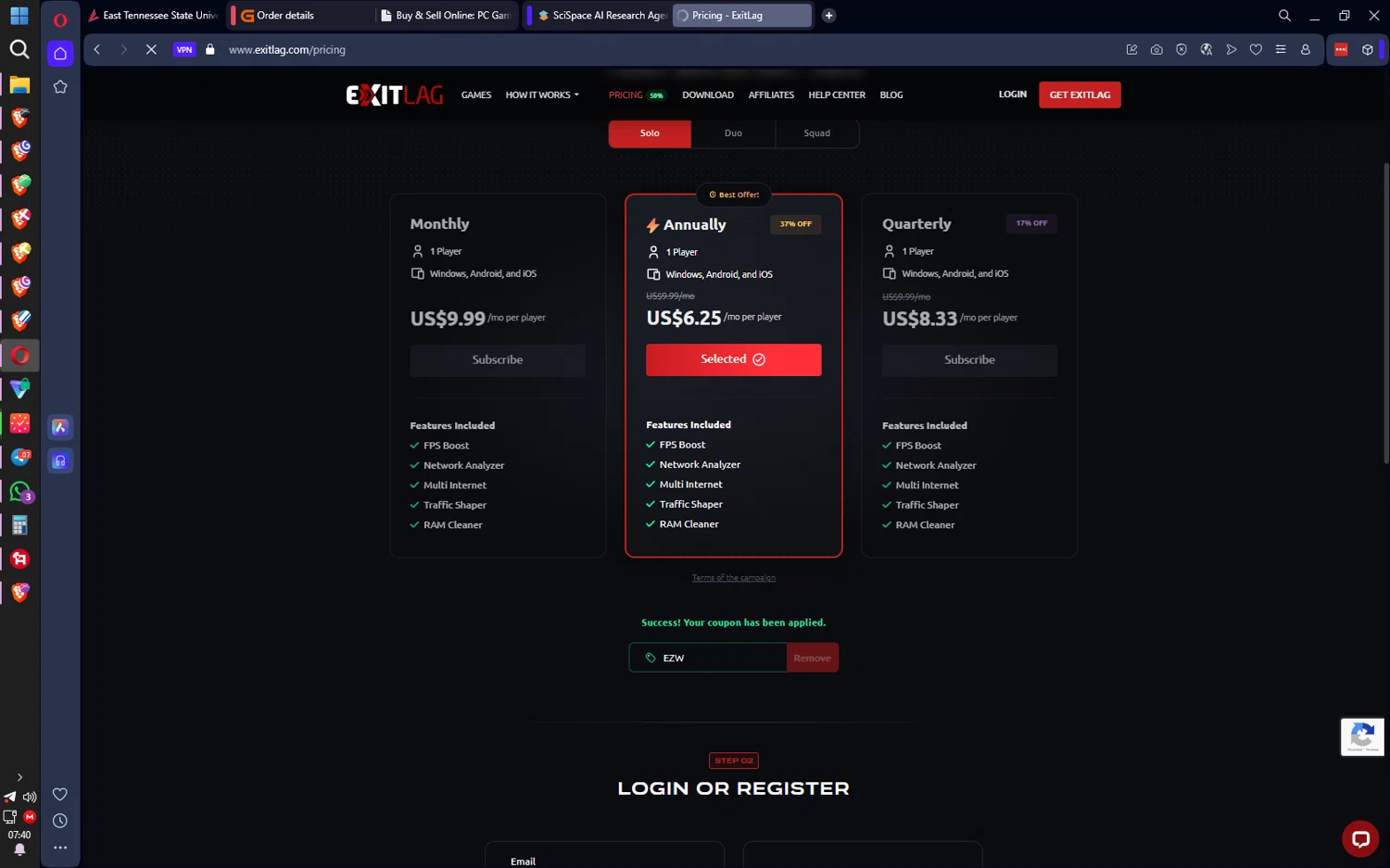 ExitLag promo code screenshot showing code EZW applied at ExitLag checkout page. Uploaded by SimplyCodes community member ilarrazaM8 on Dec 17, 2025