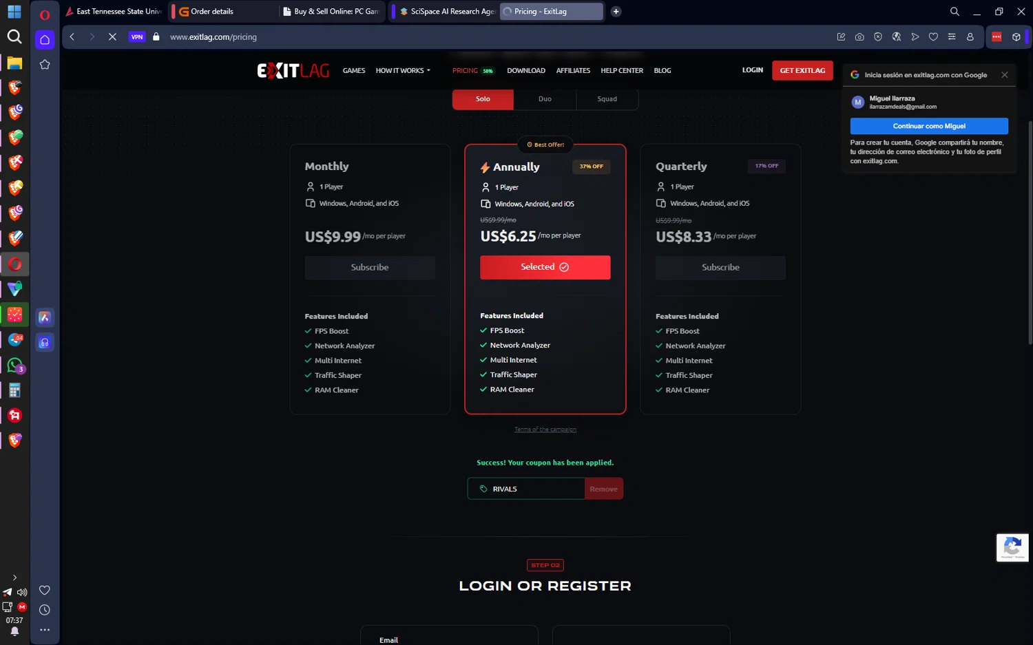 ExitLag promo code screenshot showing code RIVALS applied at ExitLag checkout page. Uploaded by SimplyCodes community member ilarrazaM2 on Dec 17, 2025