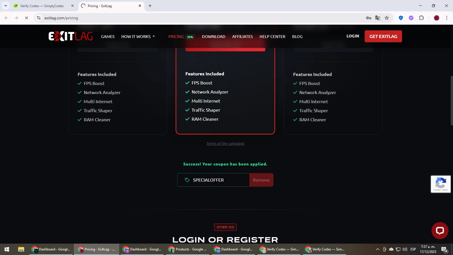 ExitLag promo code screenshot showing code SPECIALOFFER applied at ExitLag checkout page. Uploaded by SimplyCodes community member MightyLegend6657 on Dec 17, 2025