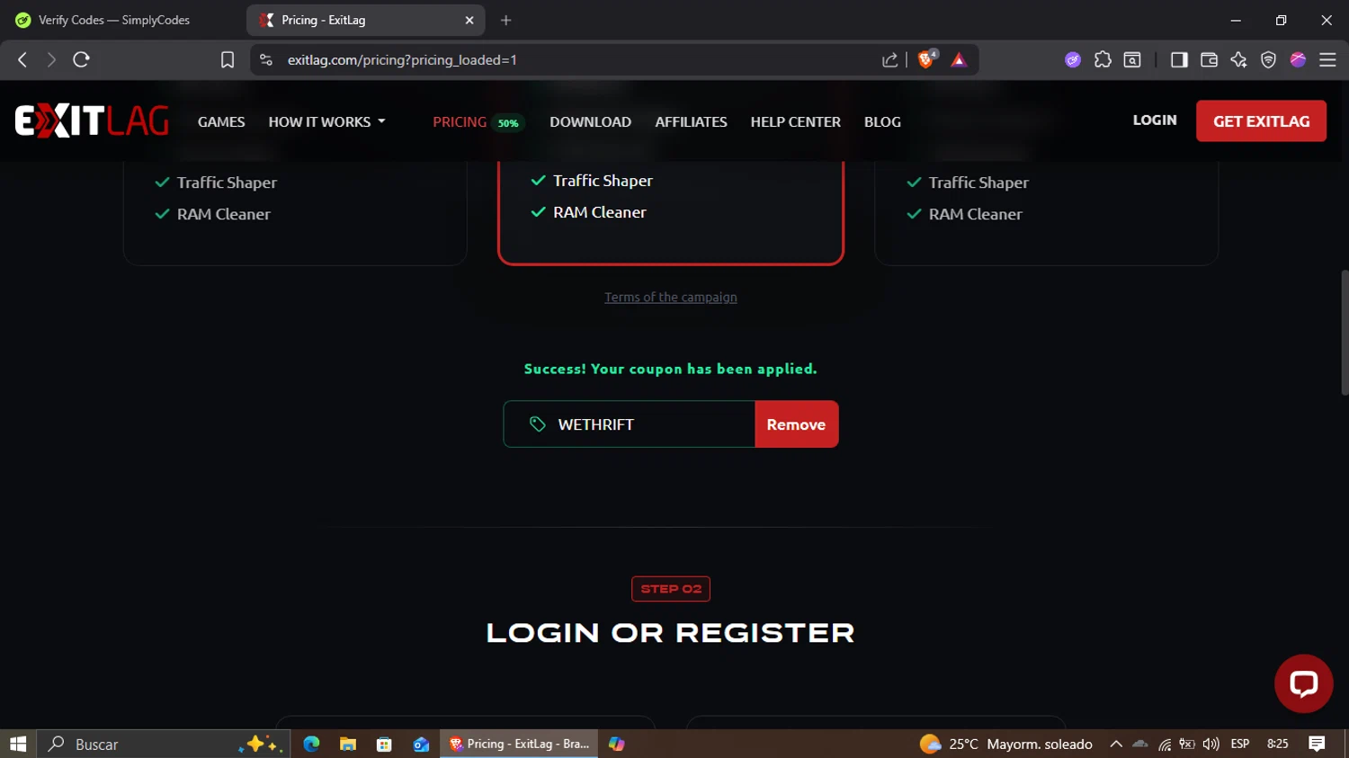 ExitLag checkout page showing ExitLag discount code box | Screenshot taken by SimplyCodes community member on Feb 1, 2026