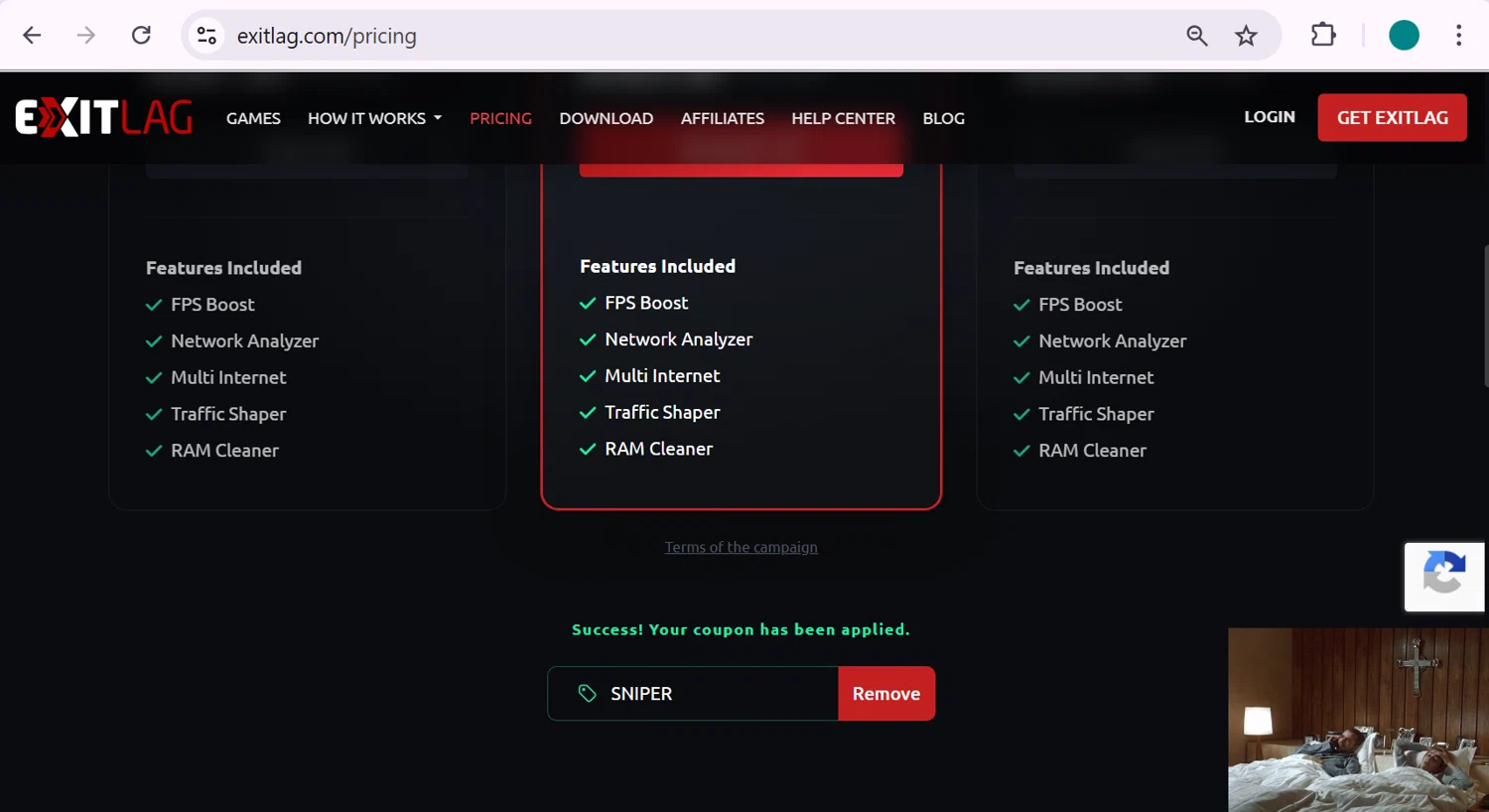 ExitLag promo code screenshot showing code SNIPER applied at ExitLag checkout page. Uploaded by SimplyCodes community member anosesmith on Apr 30, 2026