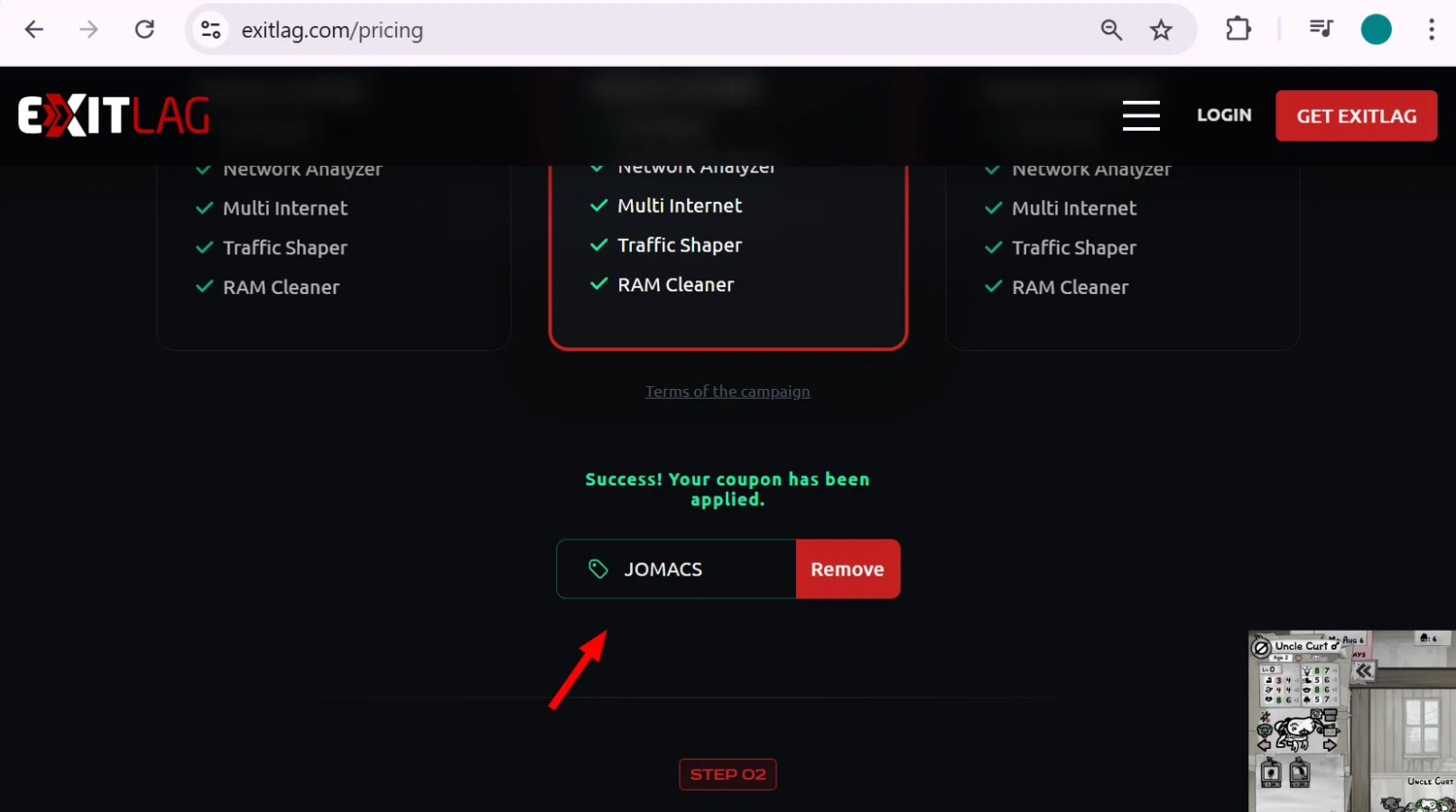 ExitLag promo code screenshot showing code Jomacs applied at ExitLag checkout page. Uploaded by SimplyCodes community member anosesmith on Feb 25, 2026