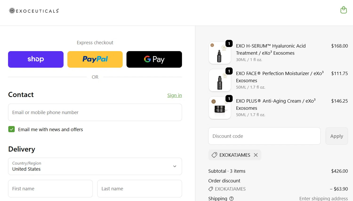 Exoceuticals promo code screenshot showing code EXOKATJAMES applied at Exoceuticals checkout page. Uploaded by SimplyCodes community member ______________________________ on Oct 1, 2025