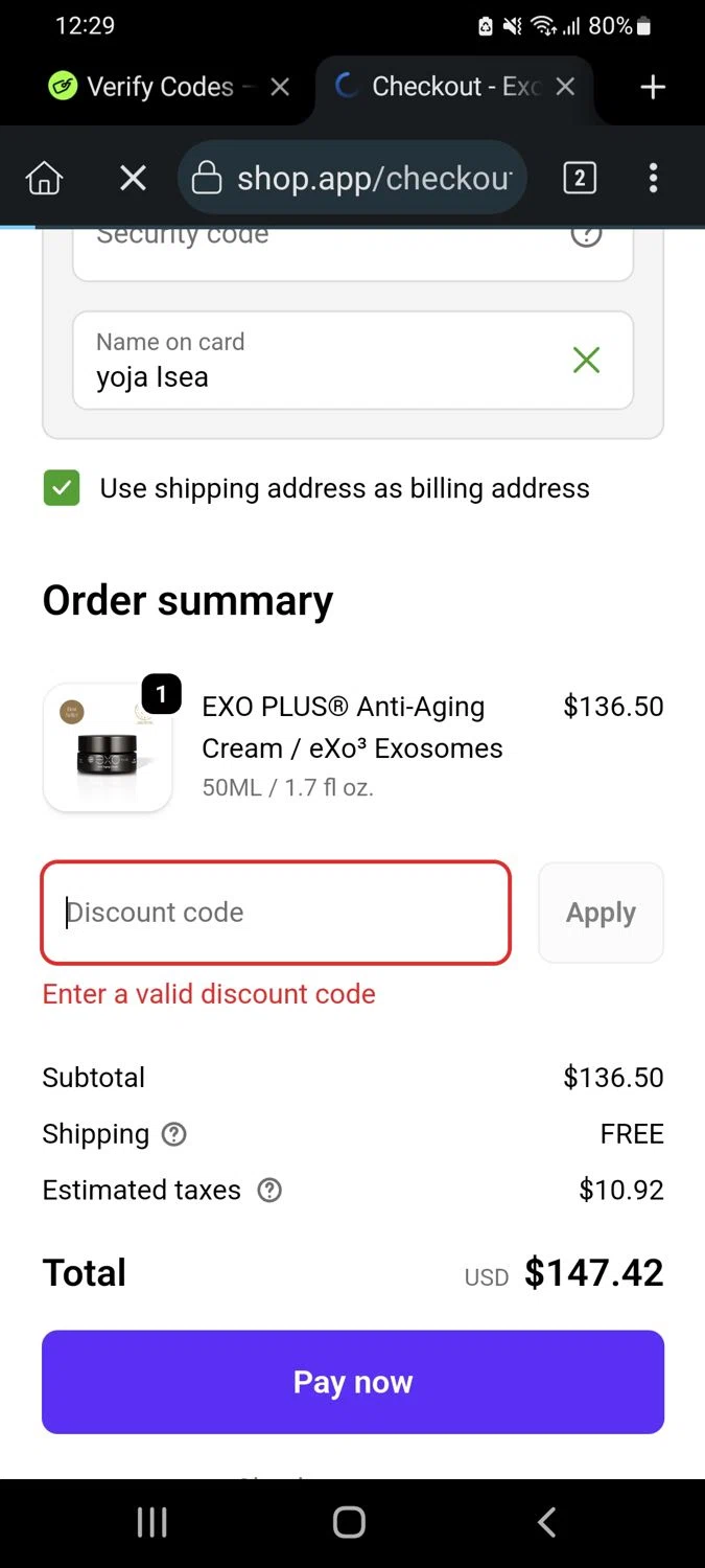 Exoceuticals promo code screenshot showing code EXO15 applied at Exoceuticals checkout page. Uploaded by SimplyCodes community member Carolisea on Nov 16, 2025