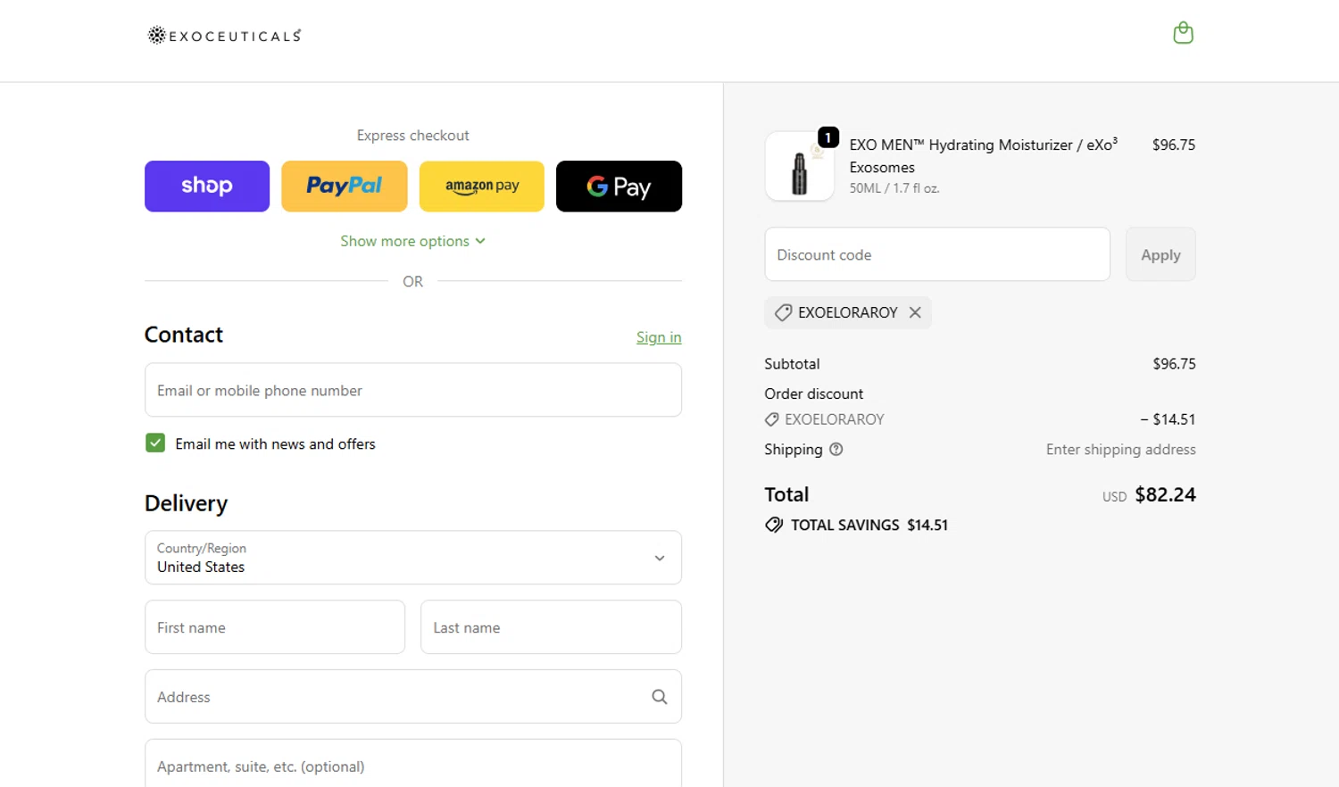 Exoceuticals promo code screenshot showing code EXOELORAROY applied at Exoceuticals checkout page. Uploaded by SimplyCodes community member VoucherVirtuoso2520 on Oct 8, 2025