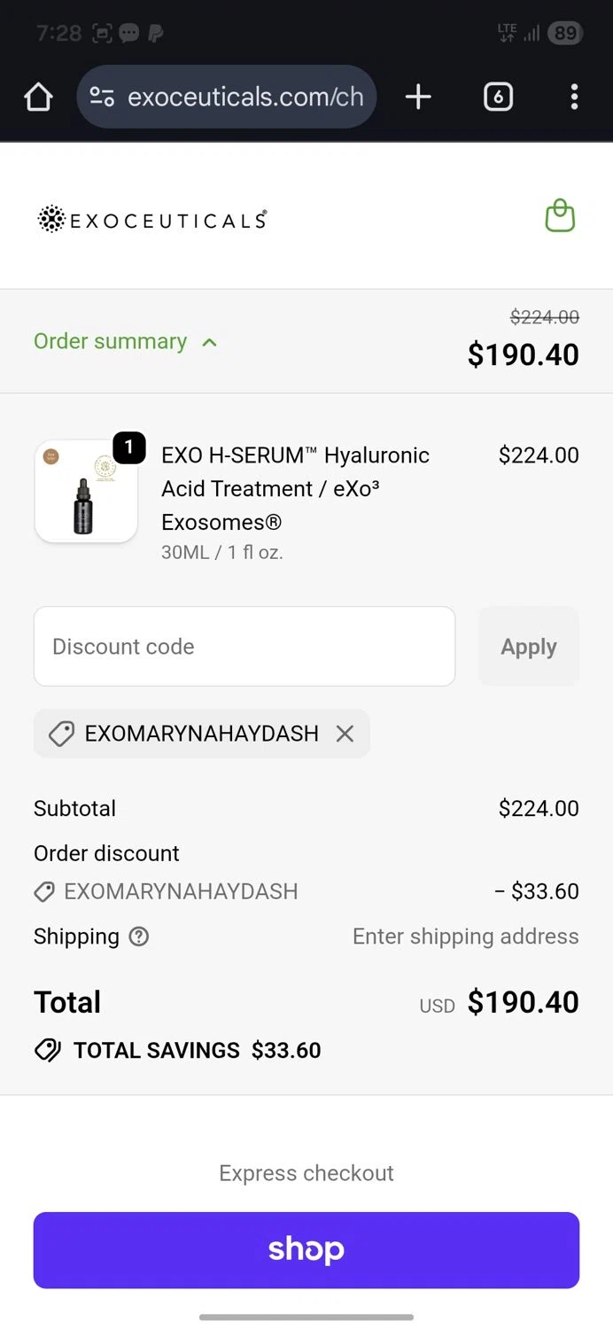 Exoceuticals promo code screenshot showing code EXOMARYNAHAYDASH applied at Exoceuticals checkout page. Uploaded by SimplyCodes community member gerardlaya on Dec 25, 2025