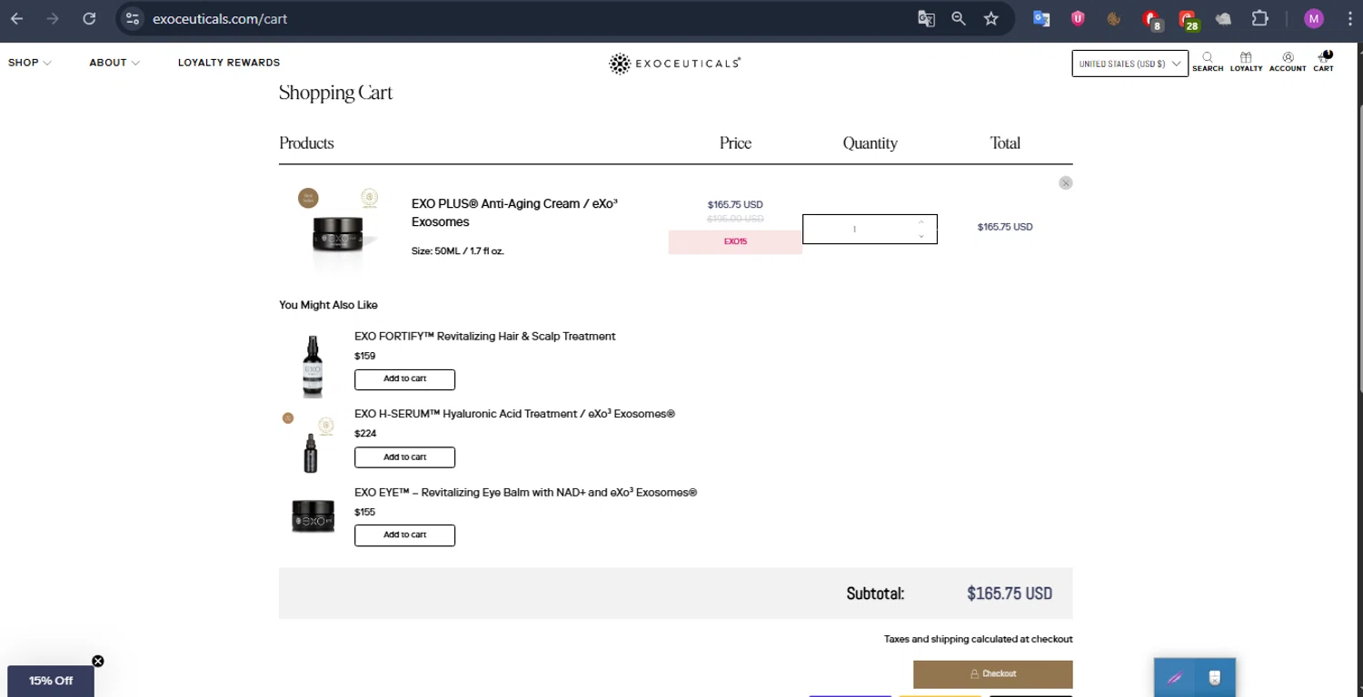 Exoceuticals promo code screenshot showing code EXO15 applied at Exoceuticals checkout page. Uploaded by SimplyCodes community member CoinMaven895 on Dec 13, 2025