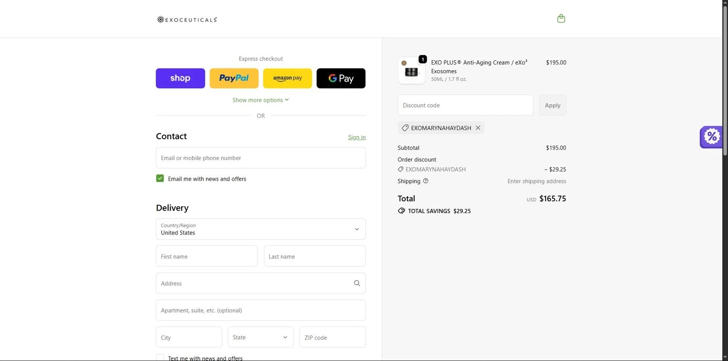 Exoceuticals promo code screenshot showing code EXOMARYNAHAYDASH applied at Exoceuticals checkout page. Uploaded by SimplyCodes community member Depressive on Dec 8, 2025