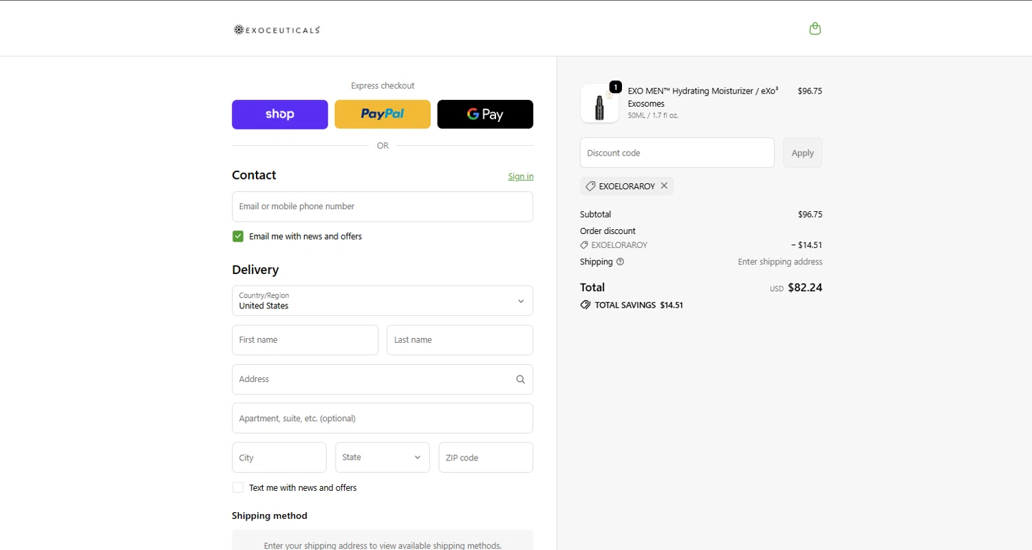 Exoceuticals promo code screenshot showing code EXOELORAROY applied at Exoceuticals checkout page. Uploaded by SimplyCodes community member NiceDeals on Oct 1, 2025